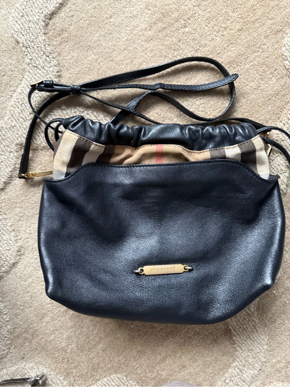 Burberry Black Leather Crossbody with Classic Check Accent